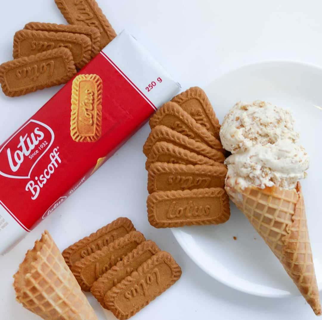 our cookie butter ice cream in a cone with lotus cookies